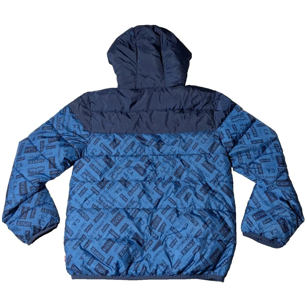 LEVIS Boys Large (12-13 Yrs) Blue Colorblock Zip Logo Hooded Puffer Jacket NEW‎